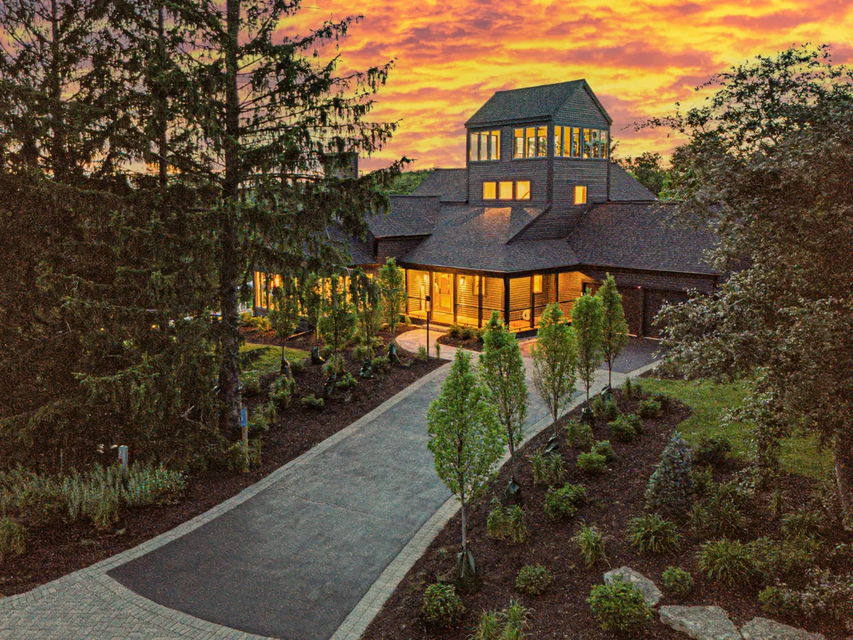 The front walk and tower at golden hour