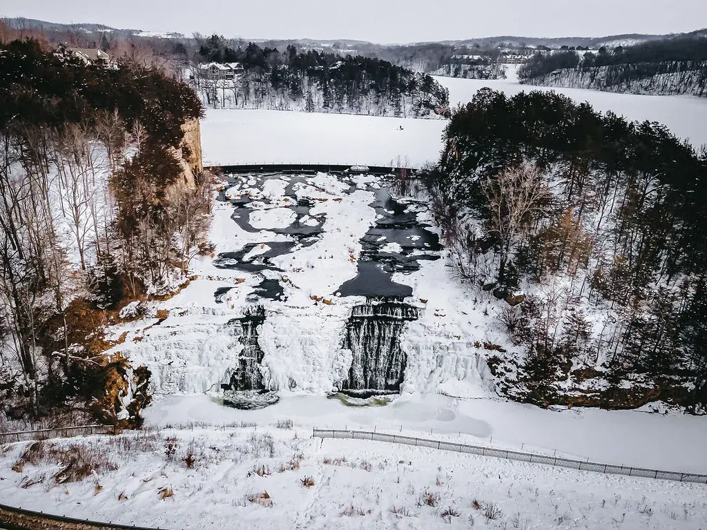 A frozen waterfall in the snowy hills