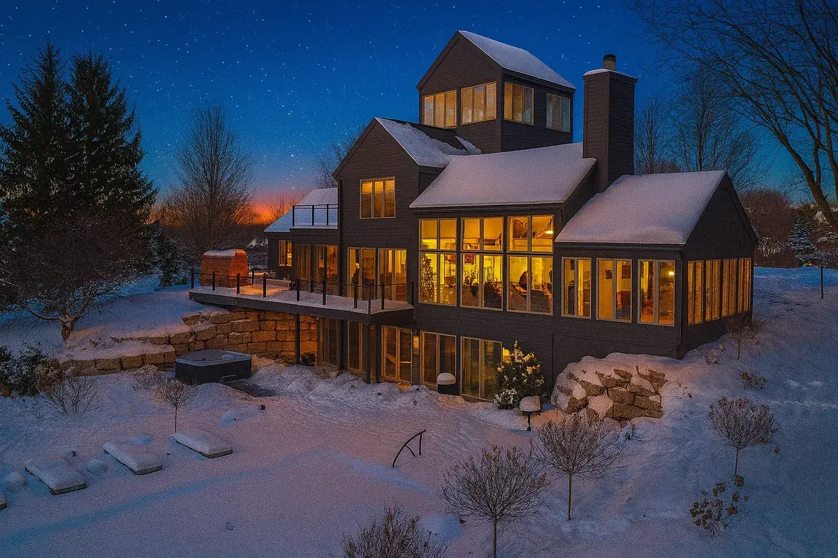 Tower House on a snowy winter night